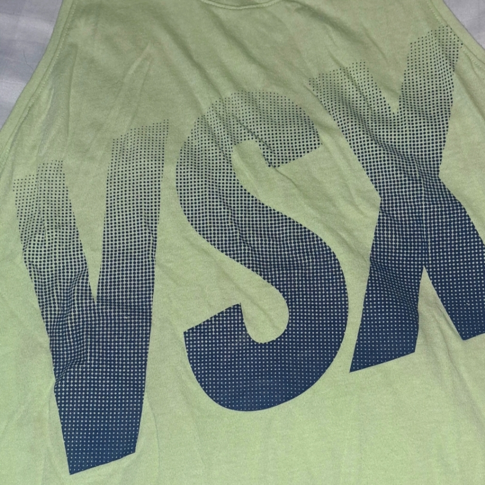 Victoria sport tank. Light lime green woth navy letters size small